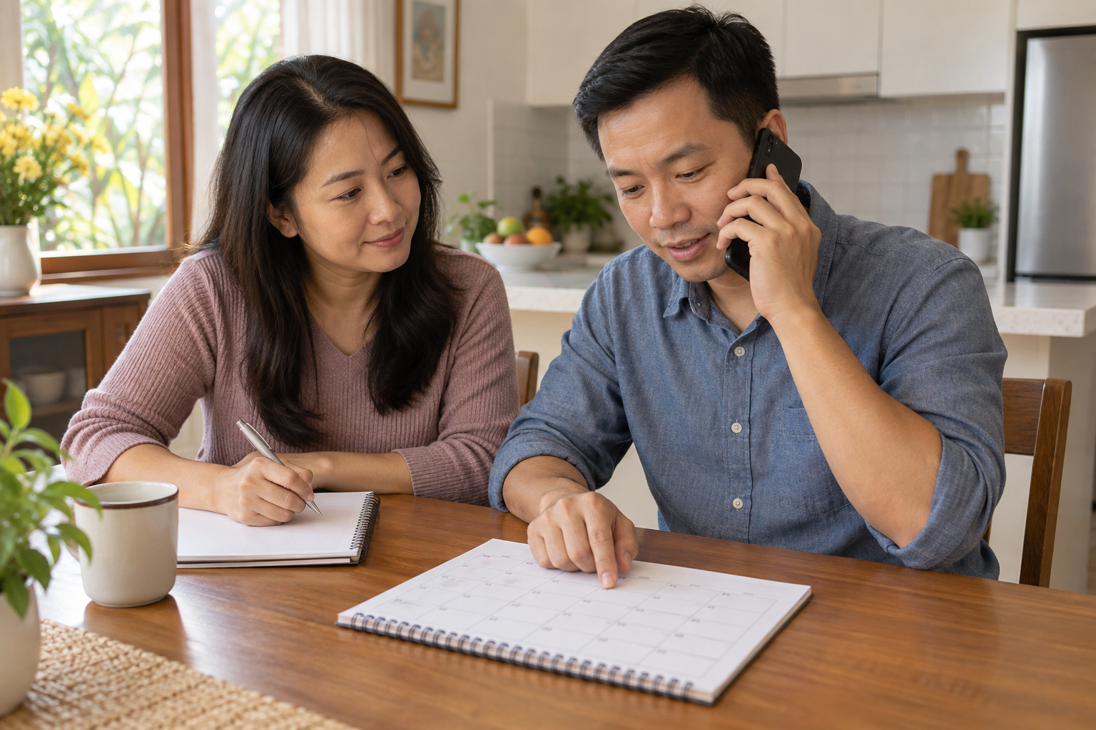 Hai người thân cùng gọi điện và ghi lịch hẹn khám tại nhà