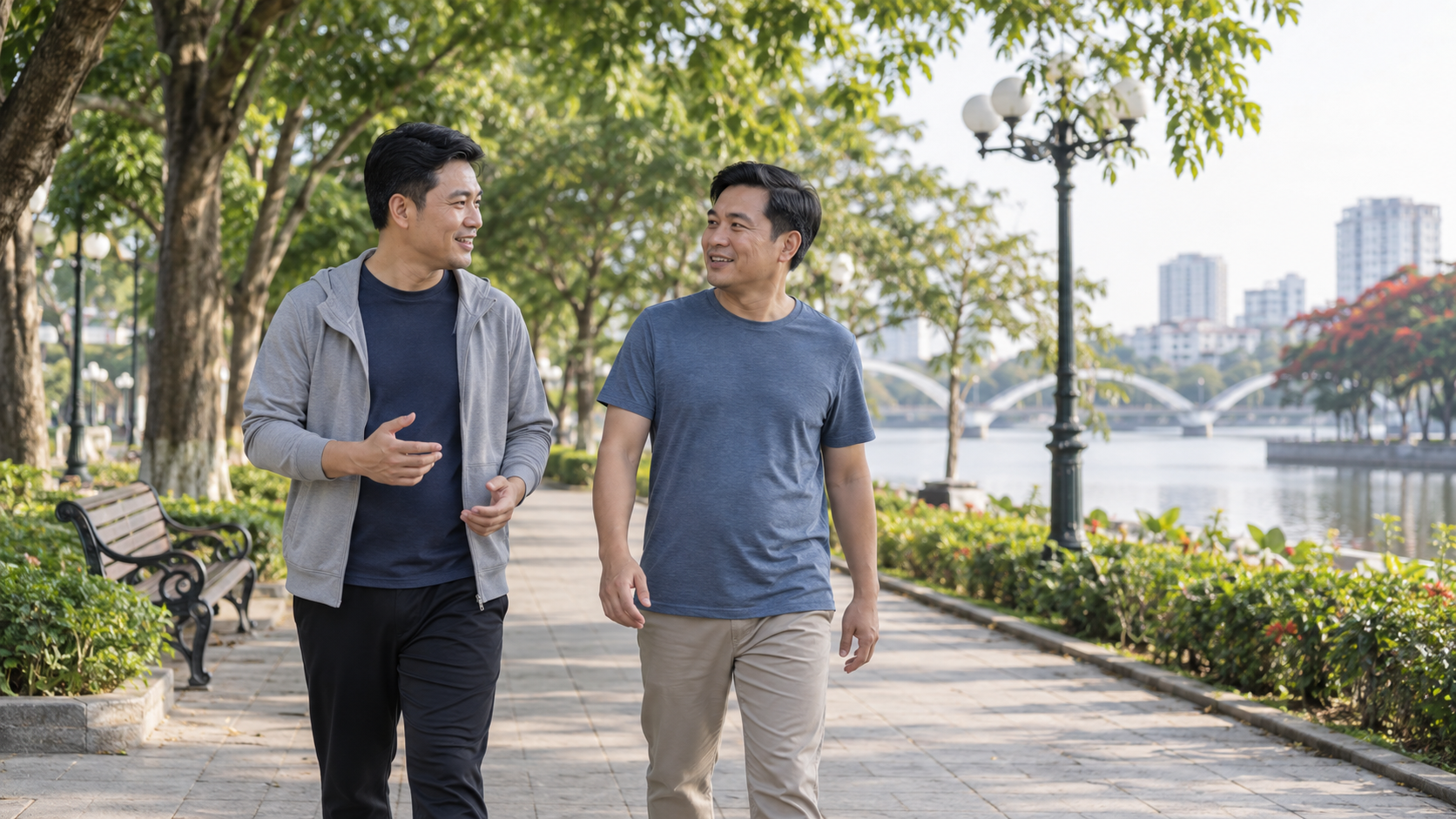 Hai người bạn đi bộ trò chuyện trong công viên buổi sáng